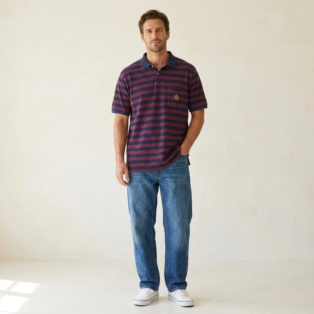 Polo Ralph Lauren The Big‎ Shirt Mens Large Striped Crest Pocket Polo Burgundy