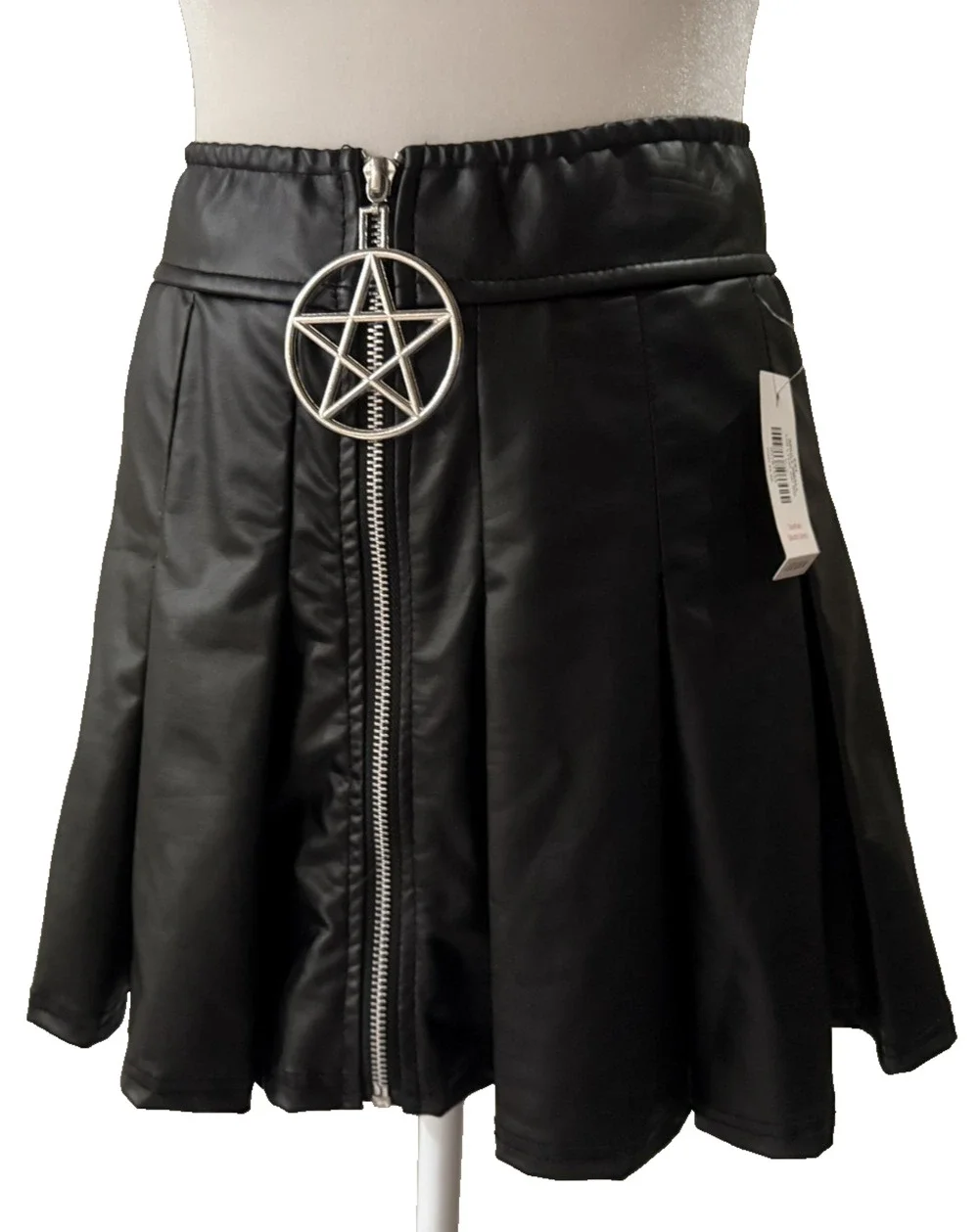 NWT Spencers Black Faux Leather Pleated Pentagram Zipper Mini Skirt Goth Alt S