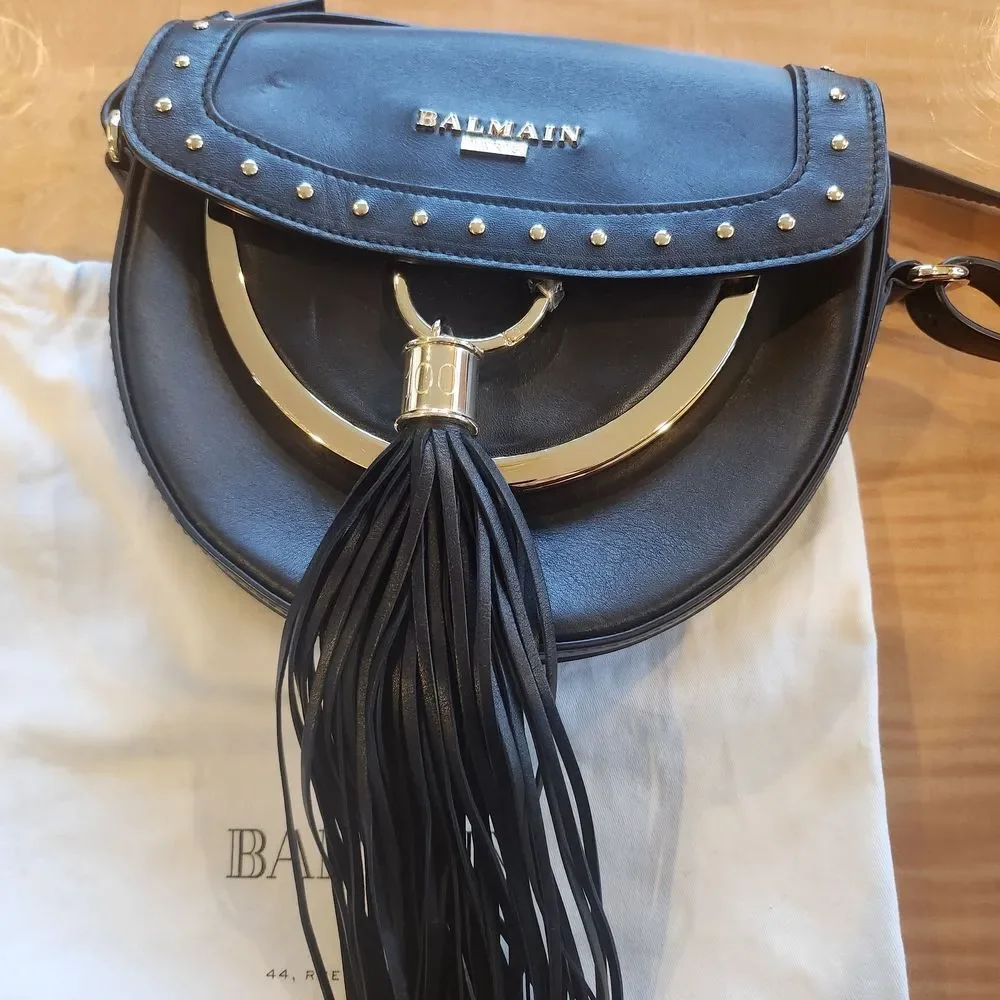 Balmain Black Leathet Crossbody Bag with Gold Accents And Bold Tassel