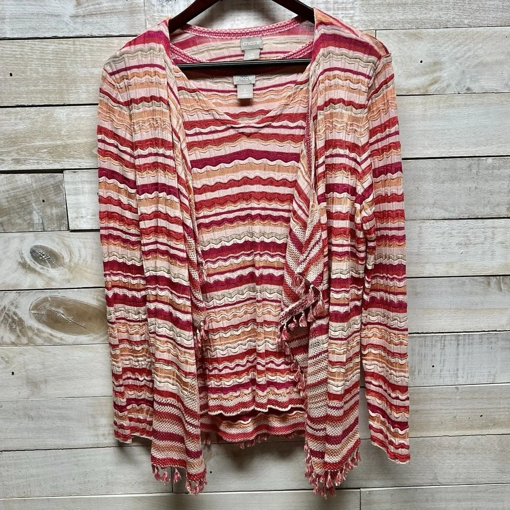 Chicos Cardigan Two Piece Set Womens 2 US Large Stripe Fringe Stretch‎ Casual