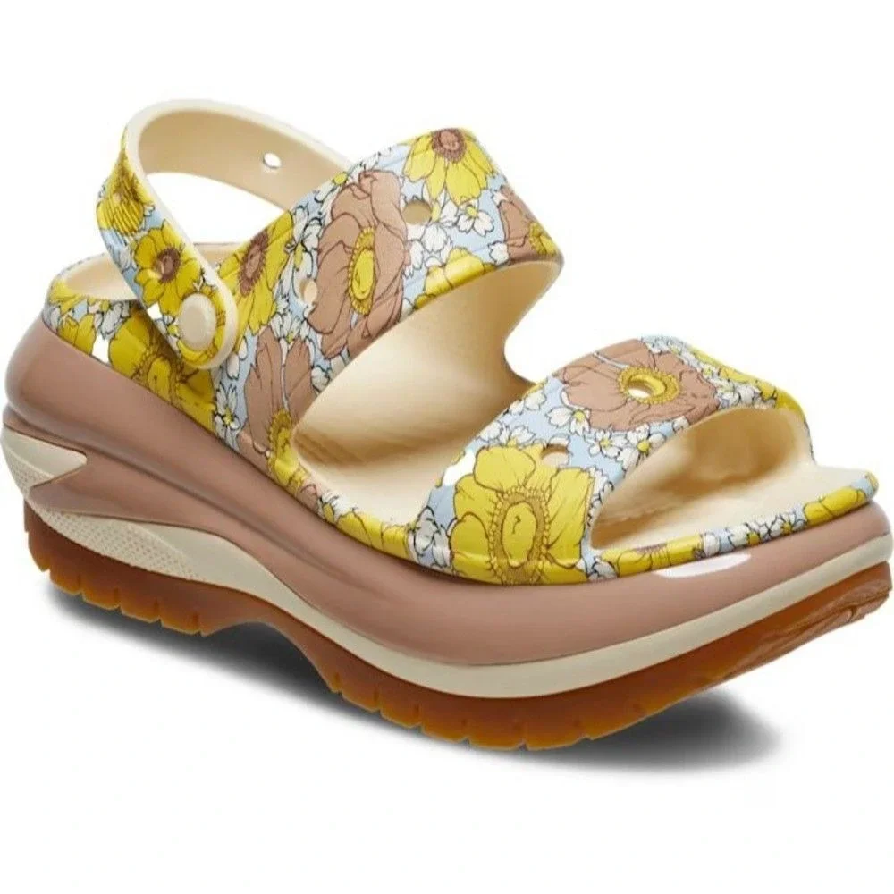 Crocs Mega Crush Retro Floral Sandal Bone‎ Multi Sunflower Platform Size M7 W9