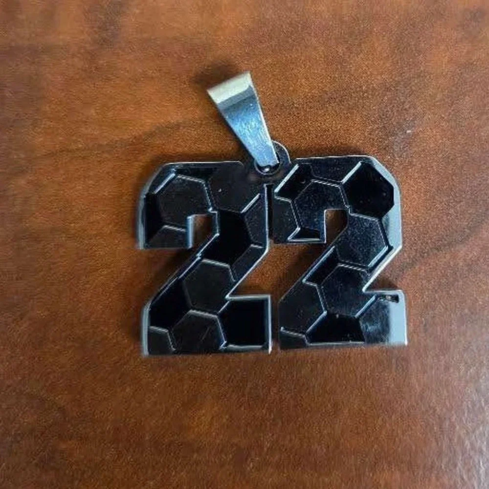Silver Tone Number 22 Soccer Ball Pattern Pendant Athletic Charm Black Enamel