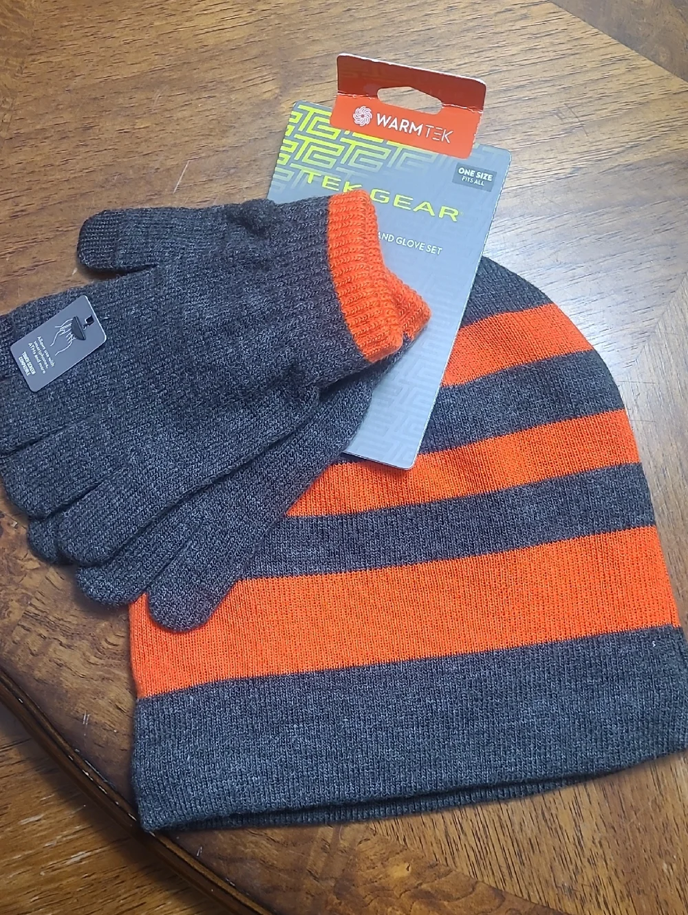 NWT! Tek Gear Boys Striped Gray Orange Knit Beanie hat with Matching Gloves Set