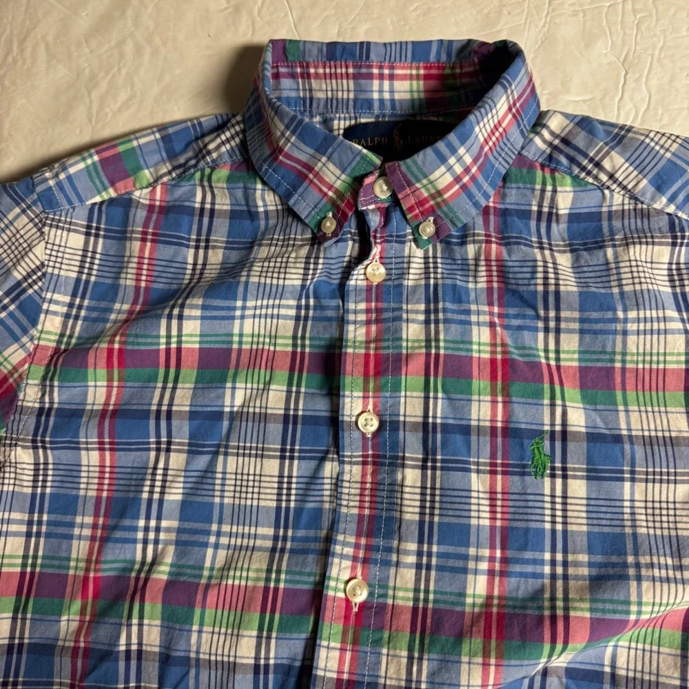 Ralph Lauren Boys‎ Blue Plaid Short Sleeve Button Down Shirt Size L 14-16 Cotton