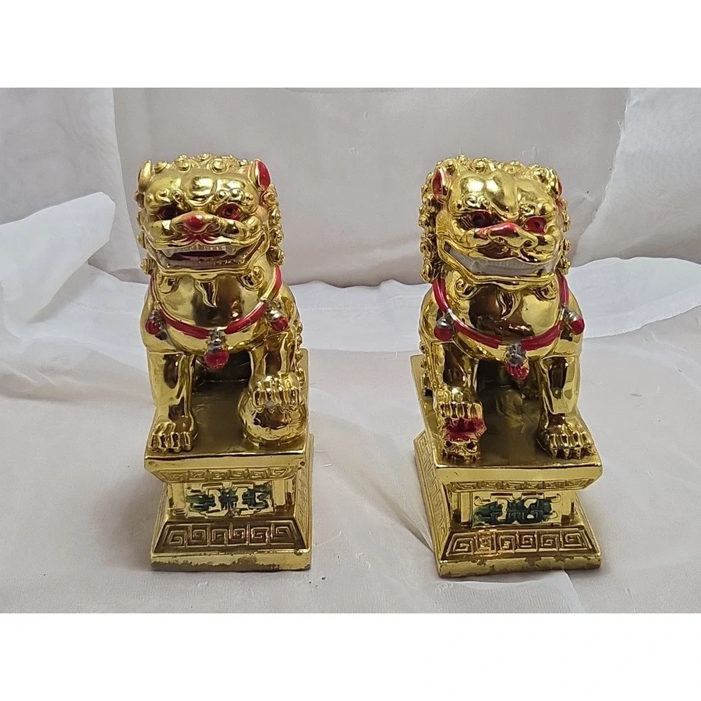 Vtg‎ Pair Chinese Guardian Foo Dogs, gold plated possibly bronze heavy 7