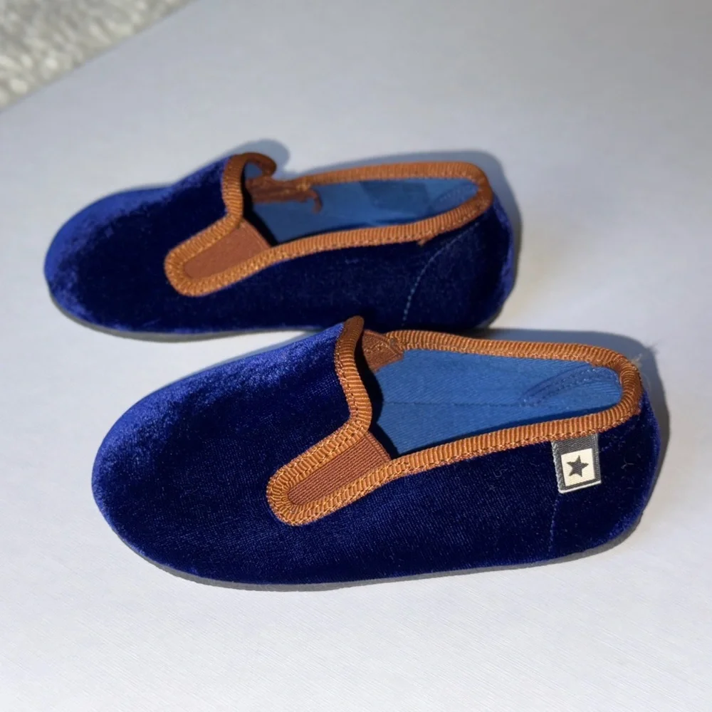 Bonton Navy Blue Velvet Kids Slippers with Brown Trim
