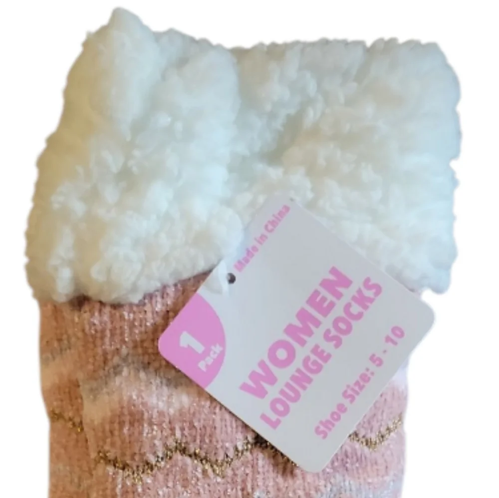 NWT Women Lounge High Socks Fleece Knit Gold Sparkle Pink No Slip Shoe Sz 5 - 10