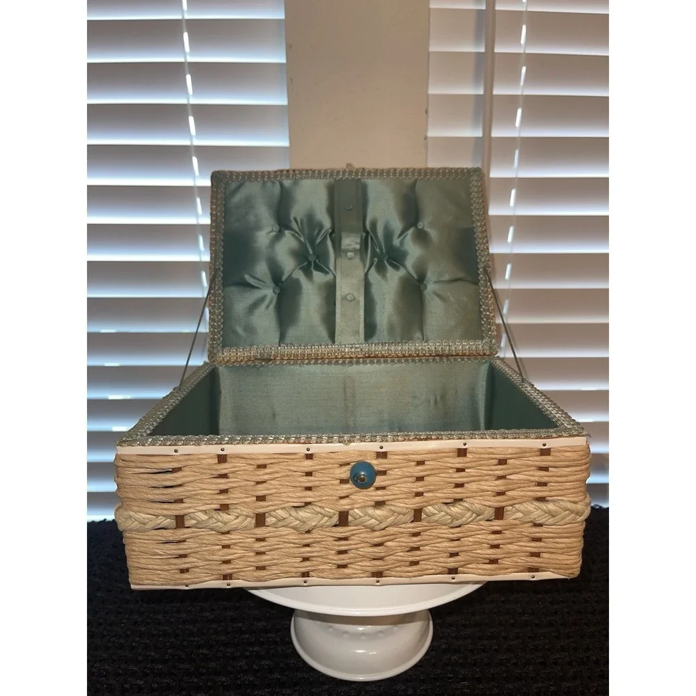 Vintage Wicker Woven Sewing Box Basket Green Satin Ratan 10