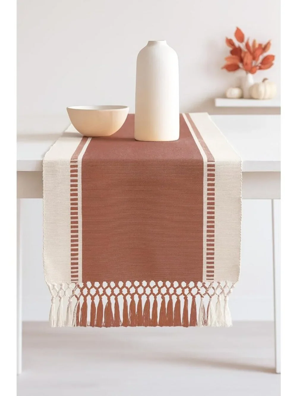 Rustic Table Runner - Wide Dobby Stripe, Heavy Ribbed Weave, Fringed 14x90