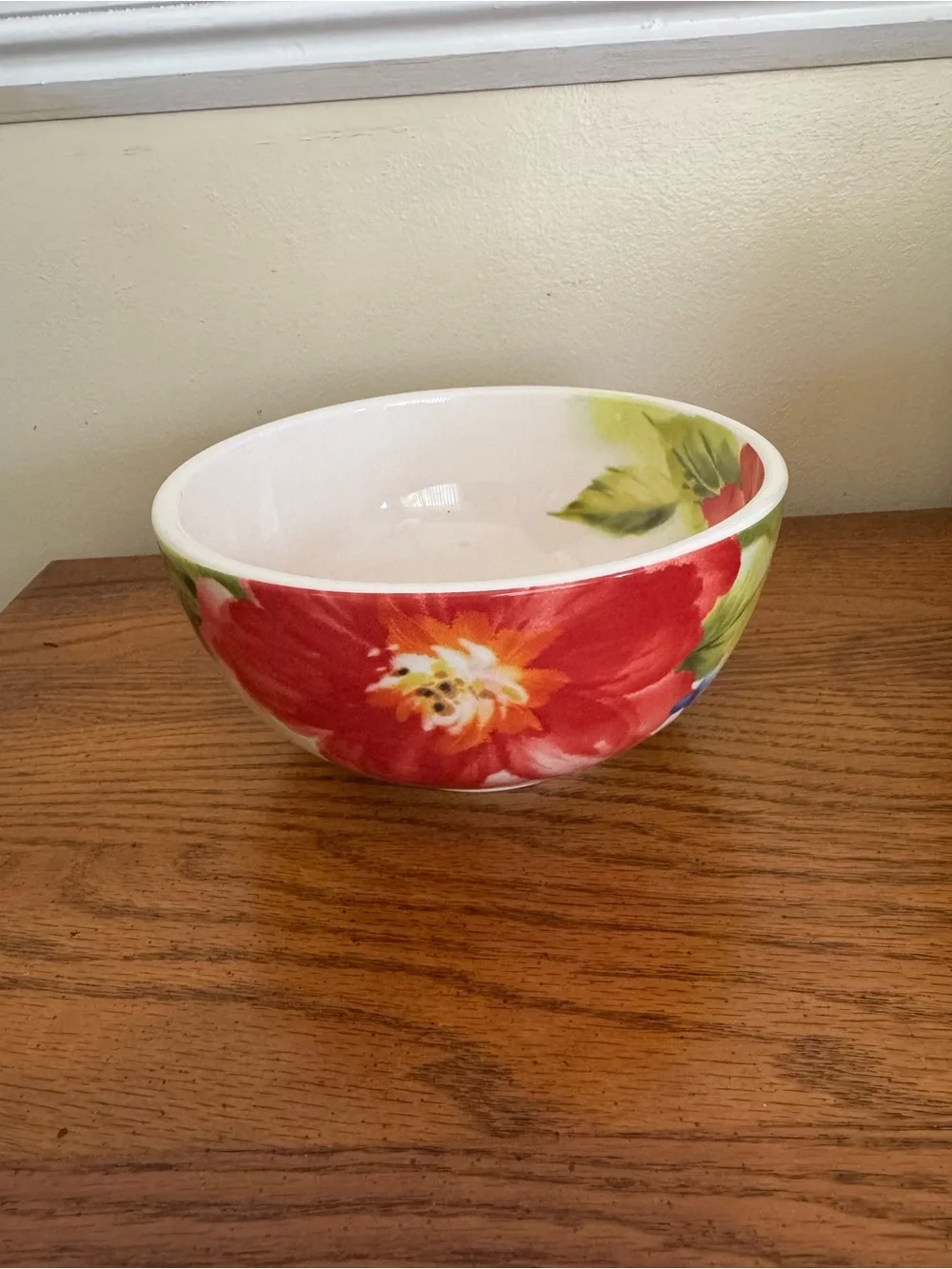 Pier 1 Red Floral Ceramic Serving Bowl with Green Leaves