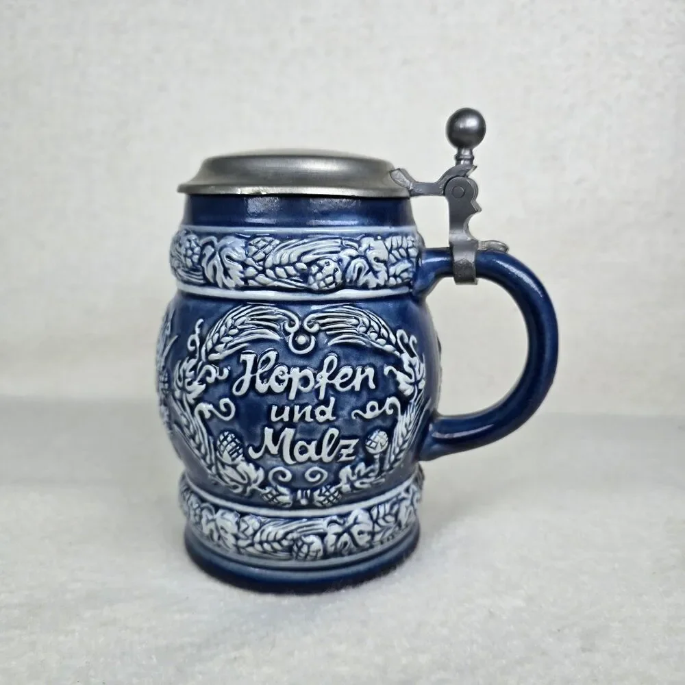 Lidded Embossed German Beer Stein Cobalt Blue Pewter Lid Beautiful