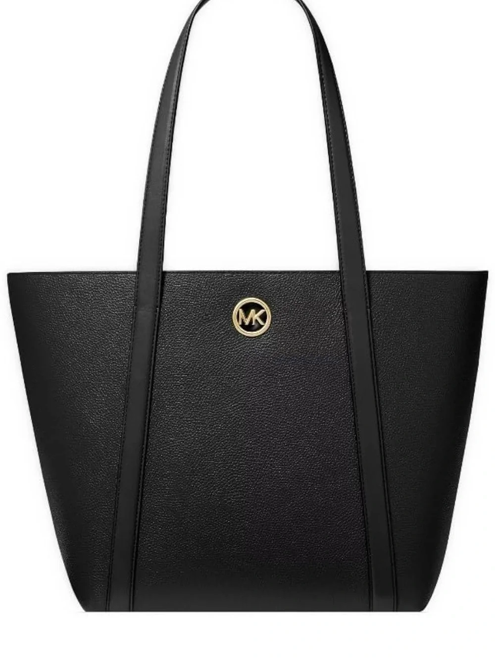 Michael Kors Black Leather Tote with Gold MK Medallion