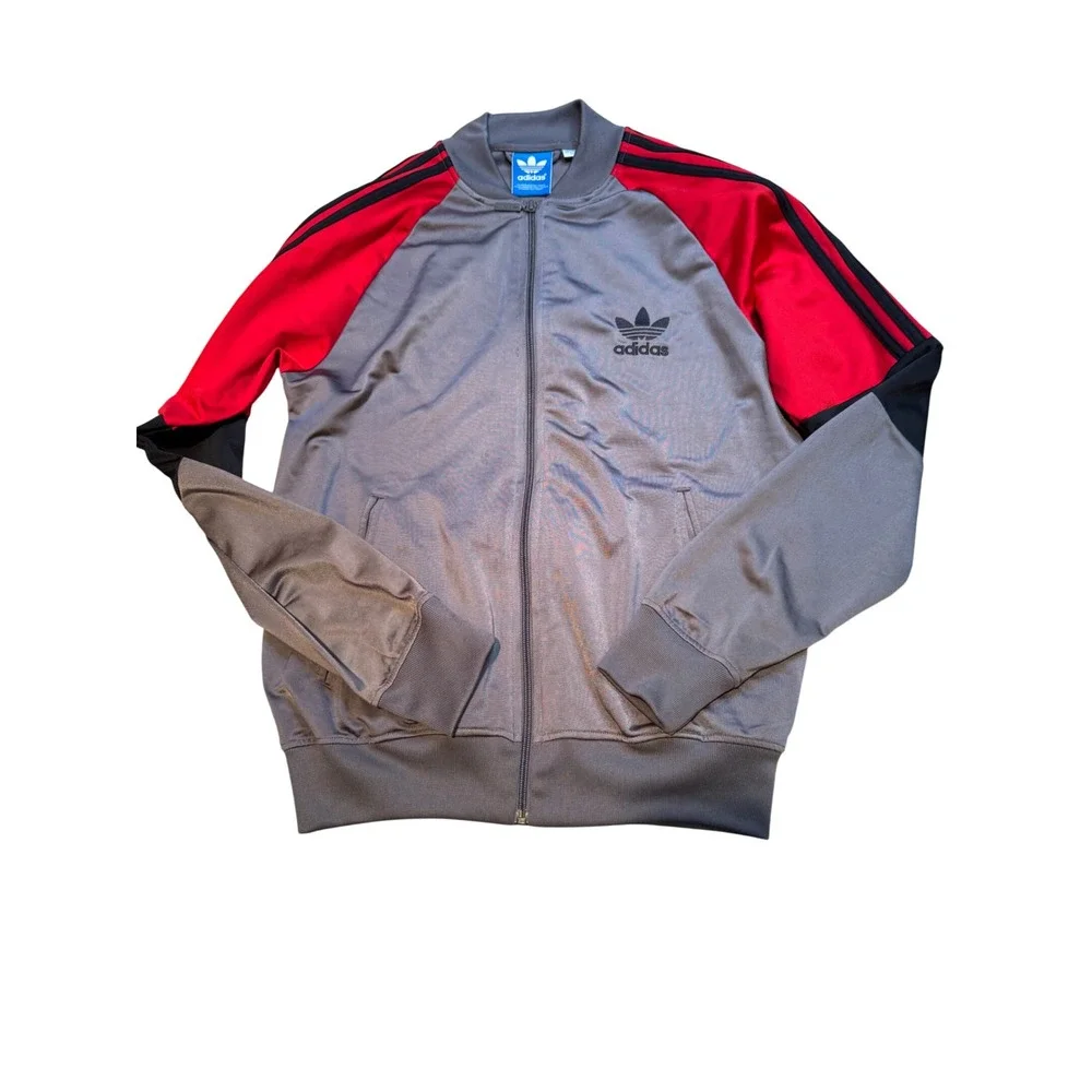 Adidas Originals Track Jacket Gray Red Black Trefoil Logo Full Zip Men's M‎