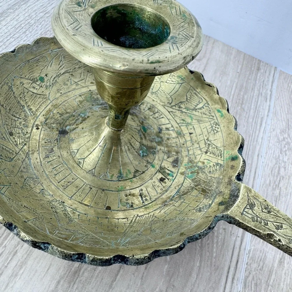 Brass Egyptian Etched Chamberstick‎ Candle Holder Handle Vintage 8in Decor