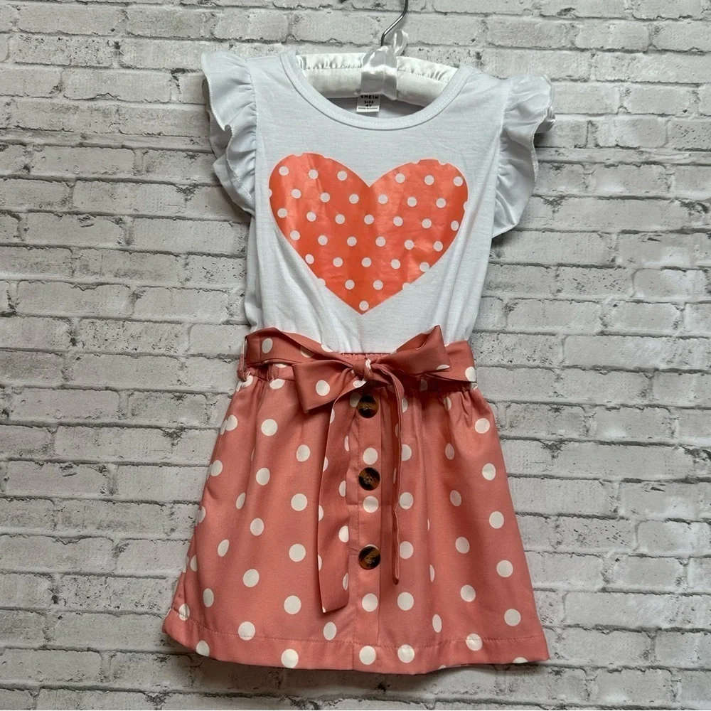 SHEIN Toddler Size 4Y Heart Polka Dot Dress Cap Sleeves Ruffles Belt Buttons