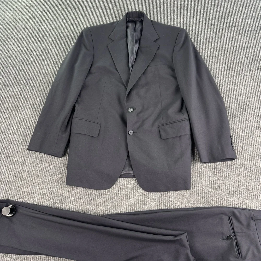 Vintage Eddie Jacobs Suit 39R Blue Wool Solid Union Made USA 32x28 Pleated Pants