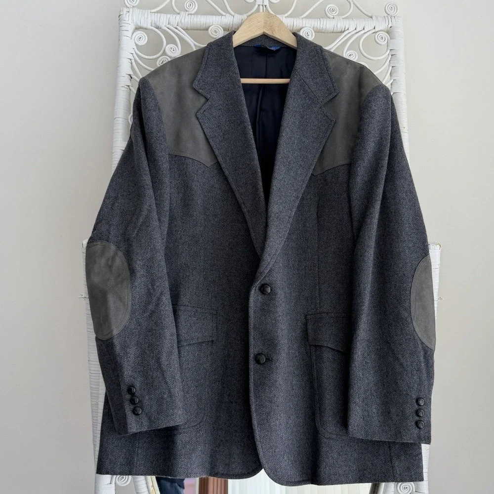 Pendleton Blazer Jacket Sz 48 Long Gray Sport Coat Wool Elbow Patch Smoking Hunt
