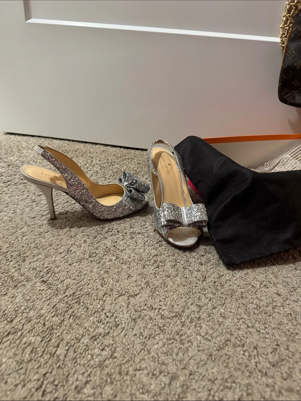 kate spade Silver Glitter Slingback Heels with Bow
