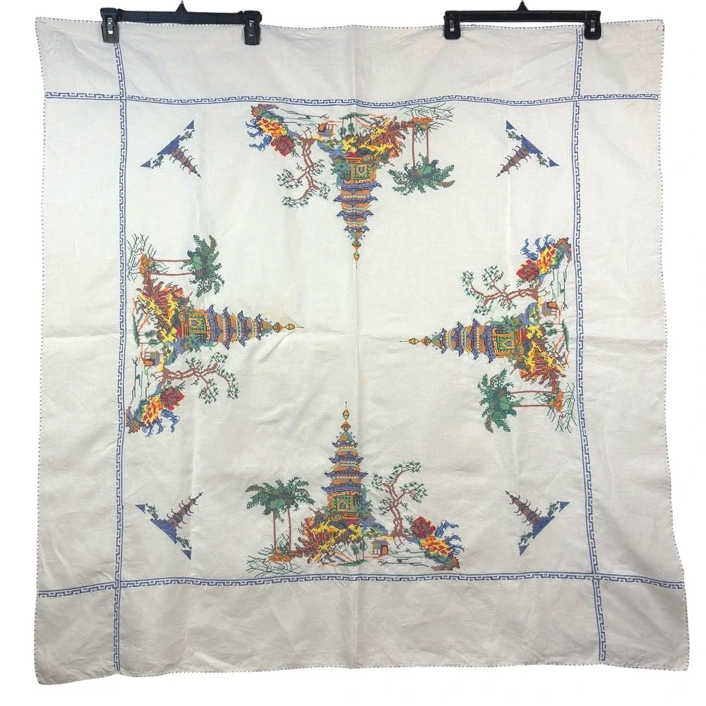 VTG Square Linen Tablecloth 48x48 Cross Stitch Embroidered White Pagoda Asian