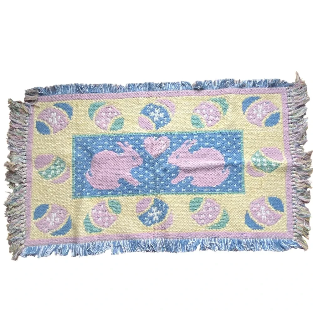 Vintage Easter Bunny Woven Tapestry Rug Tablecloth Pastel Pink Blue‎ Fringed Mat