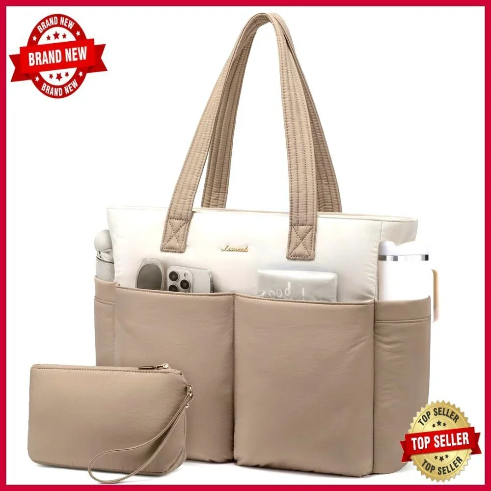 Waterproof Puffer Tote Bag with 8 Pockets, 17.3 Inch Laptop Compartment