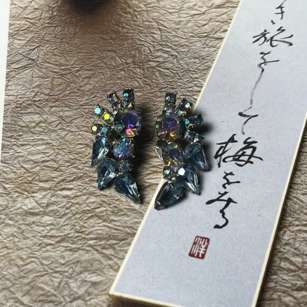 Vintage Sparkling Ear Climber Blue Rhinestone Silver Clip on Earrings