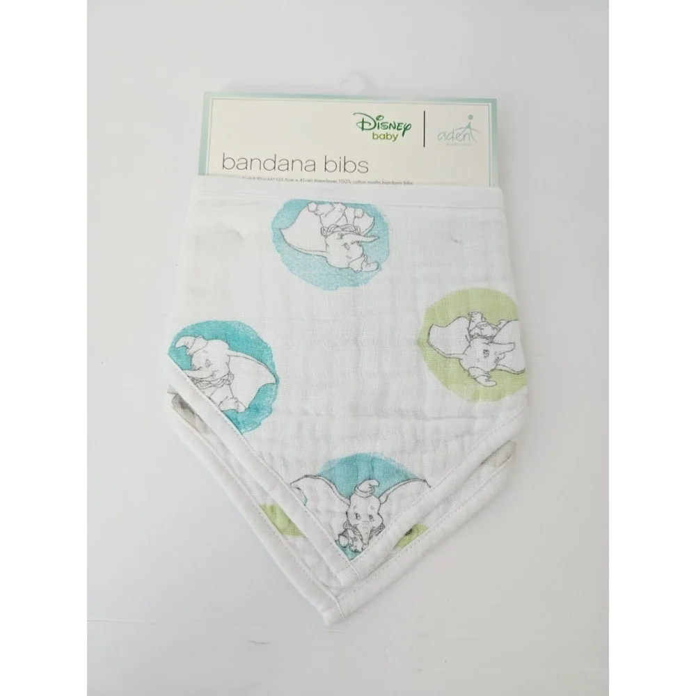 NWT Aden + And Anais Disney Baby Dumbo Elephant 2 PK Cotton Muslin Snap Bibs‎