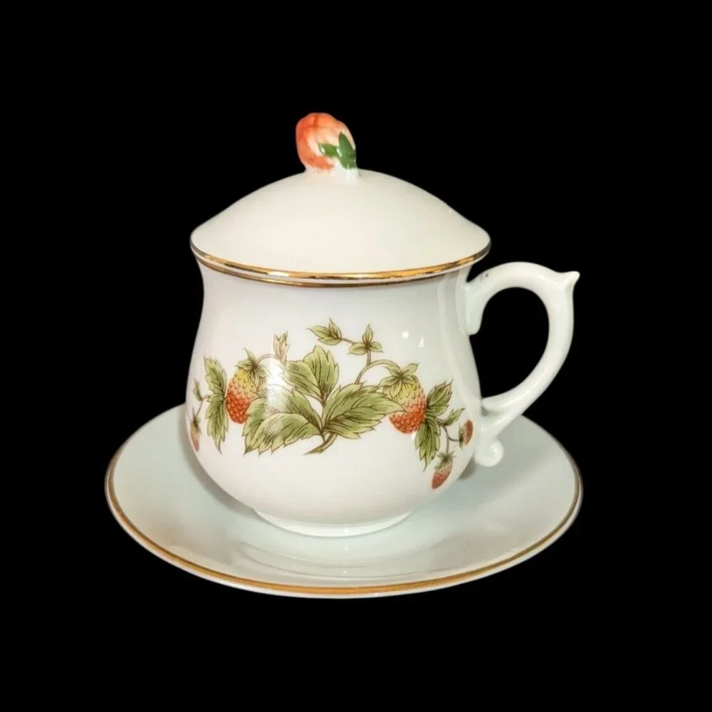 Shafford Fine Porcelain‎  Jam/Jelly Jar With Lid  Saucer Strawberry Design