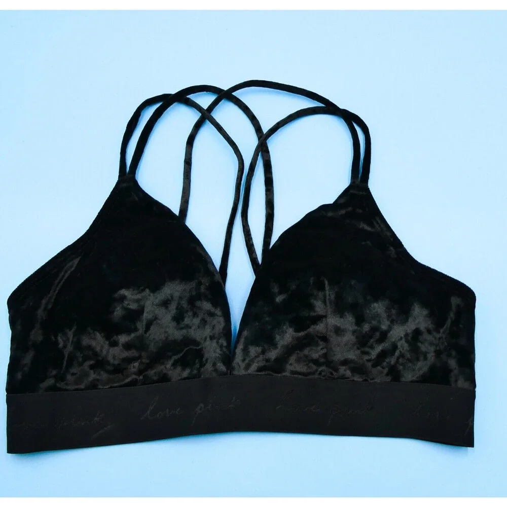 Victorias‎ Secret Bralette Medium - DD Triangle Bra Black Lingerie Plunge Velour