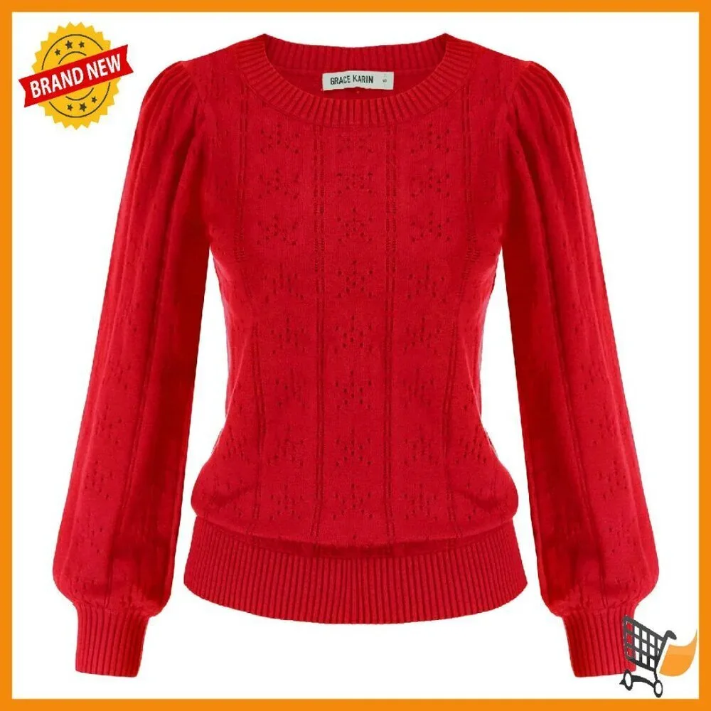 Long Lantern Sleeve Crochet Pullover Sweater Hollow Out Knit Top