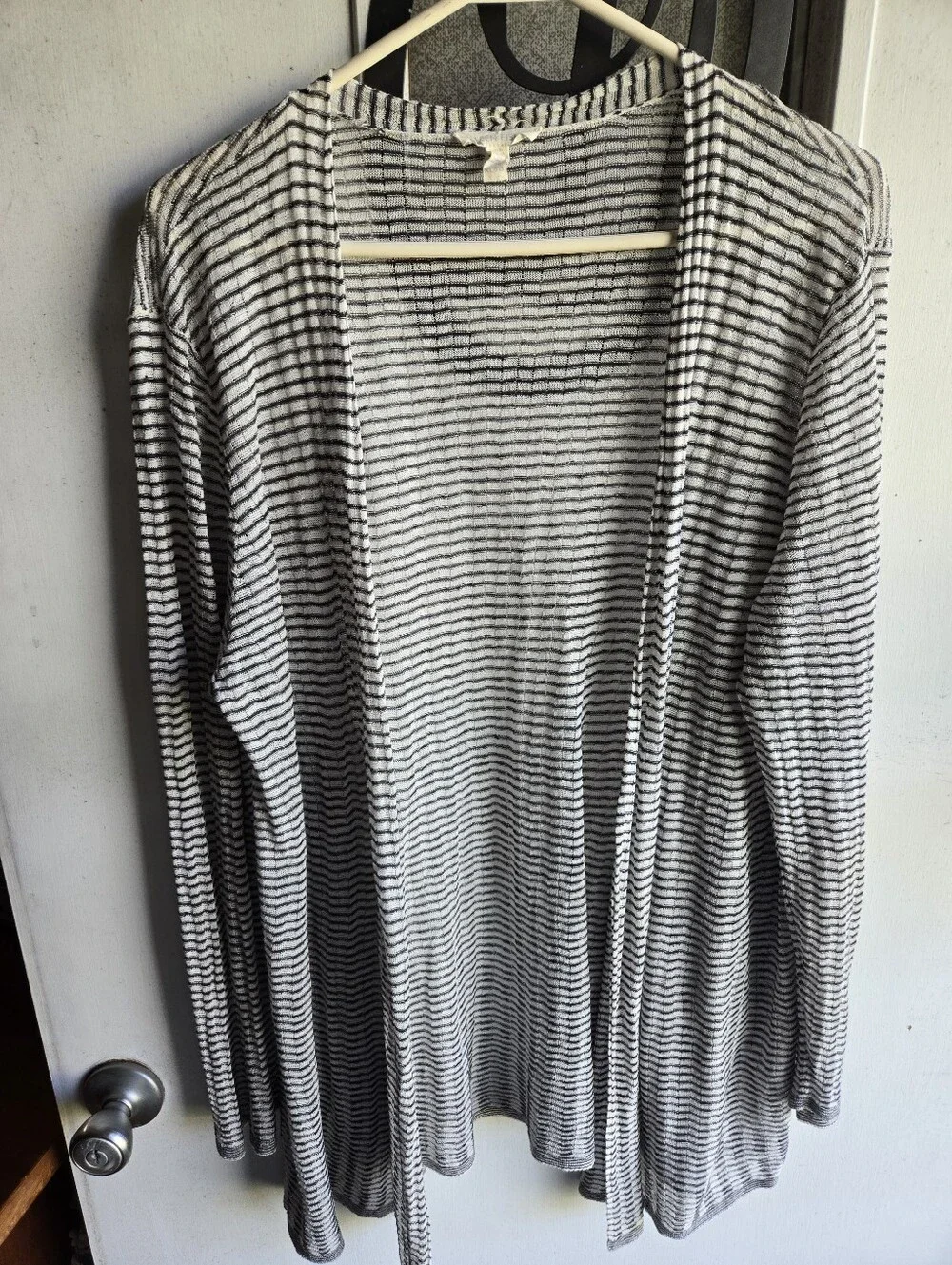 Eileen Fisher Lightweight Dark & Light Gray Striped Open-Front Women's Cardigan