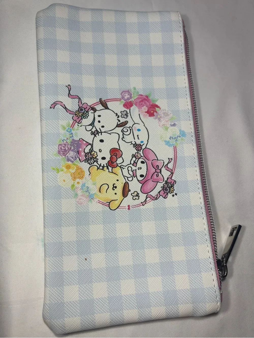 New Hello Kitty Sanrio Pastel Blue Gingham Zip Wallet with Characters