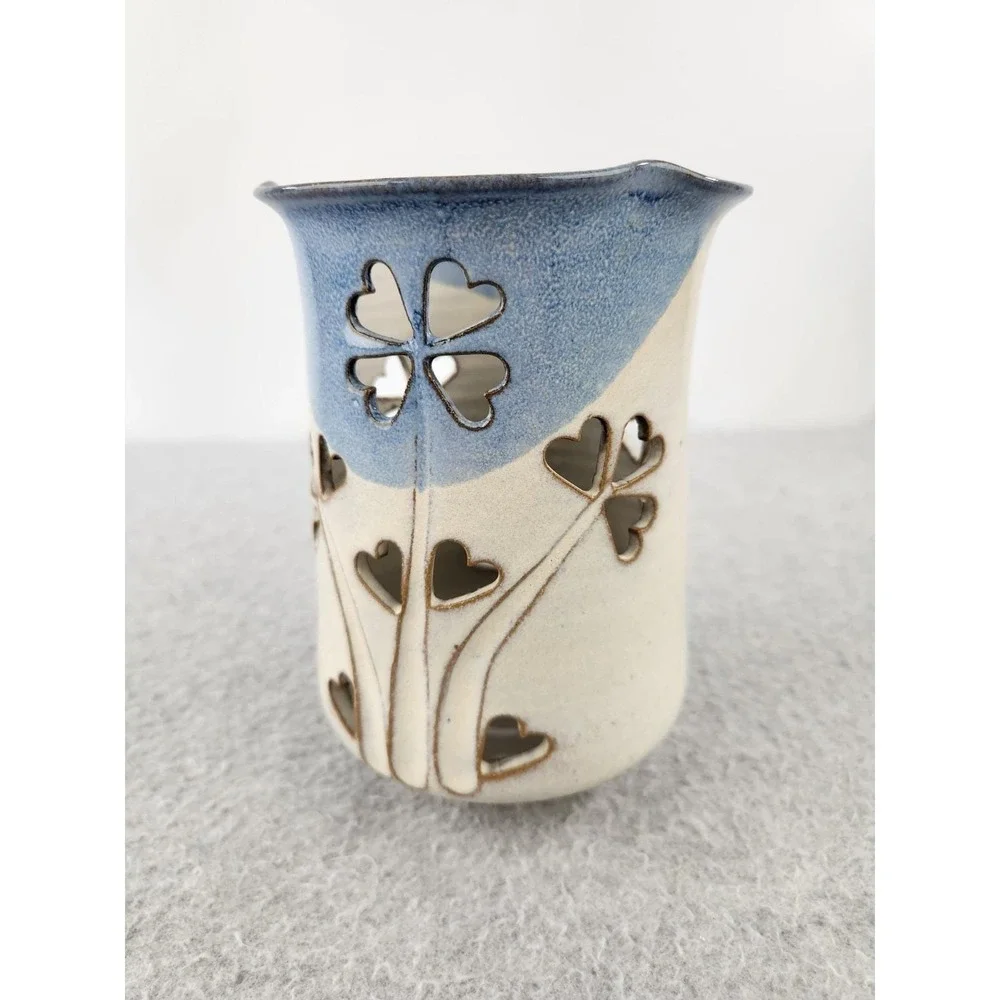 Vtg Welsh Art‎ Pottery Candle Vase Pillar Gray Davis Heart Flowers Clovers 1983