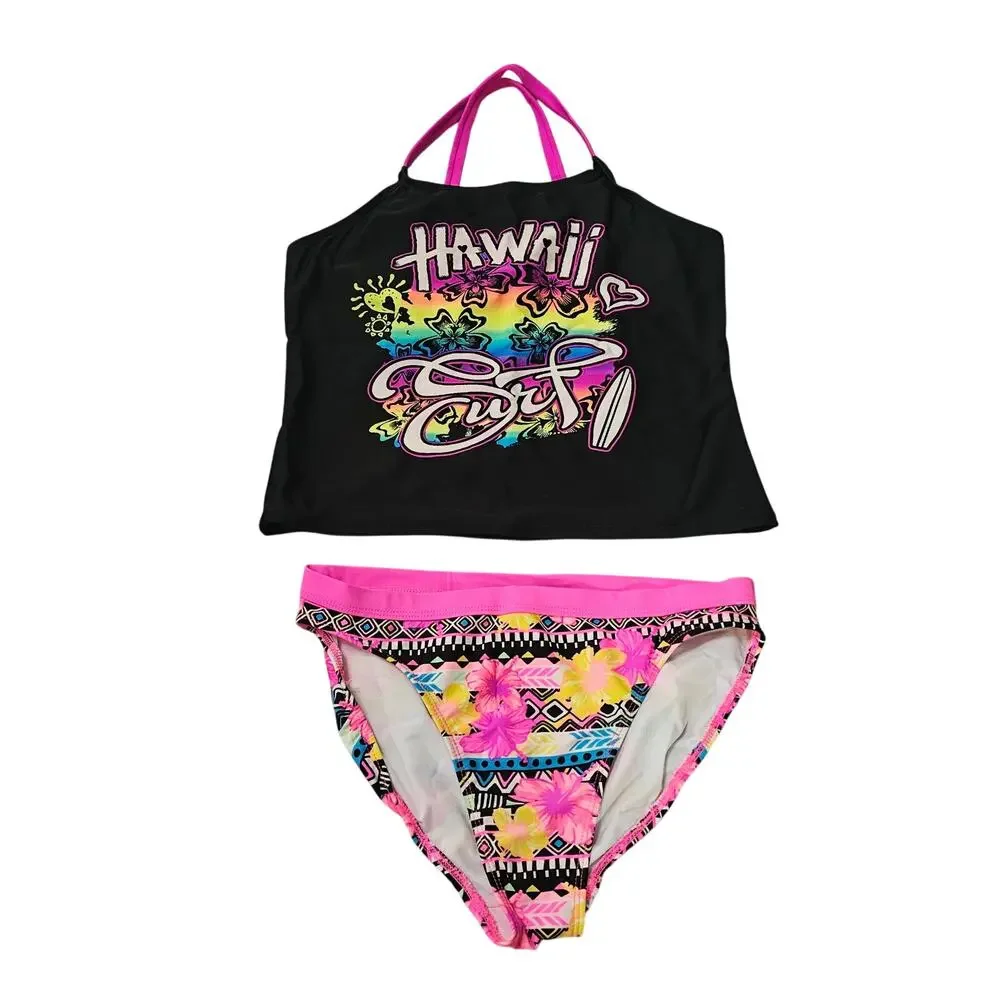 Op Size XL (14-16) Girls Swim Suit Tankini Black Pink Hawaii Surf Floral