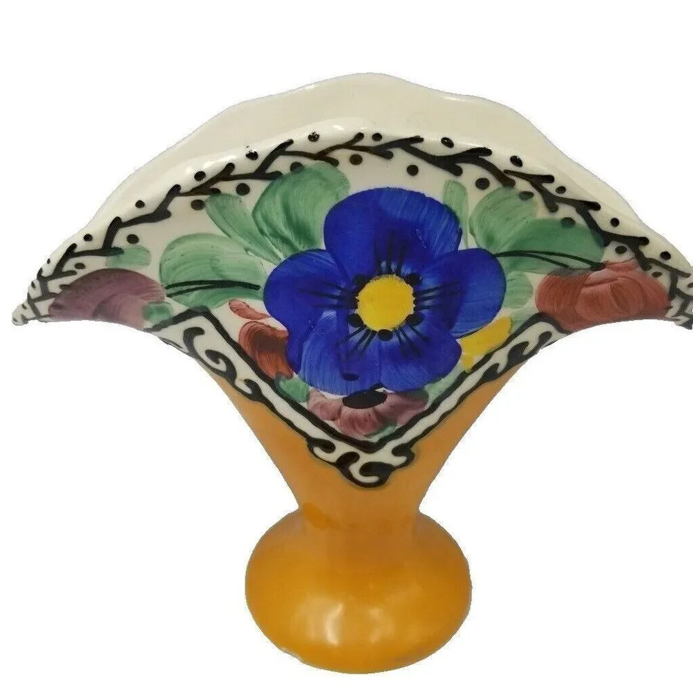 Vintage Art Deco Ceramic Fan Vase Hand Painted Yellow Blue Floral 7.5