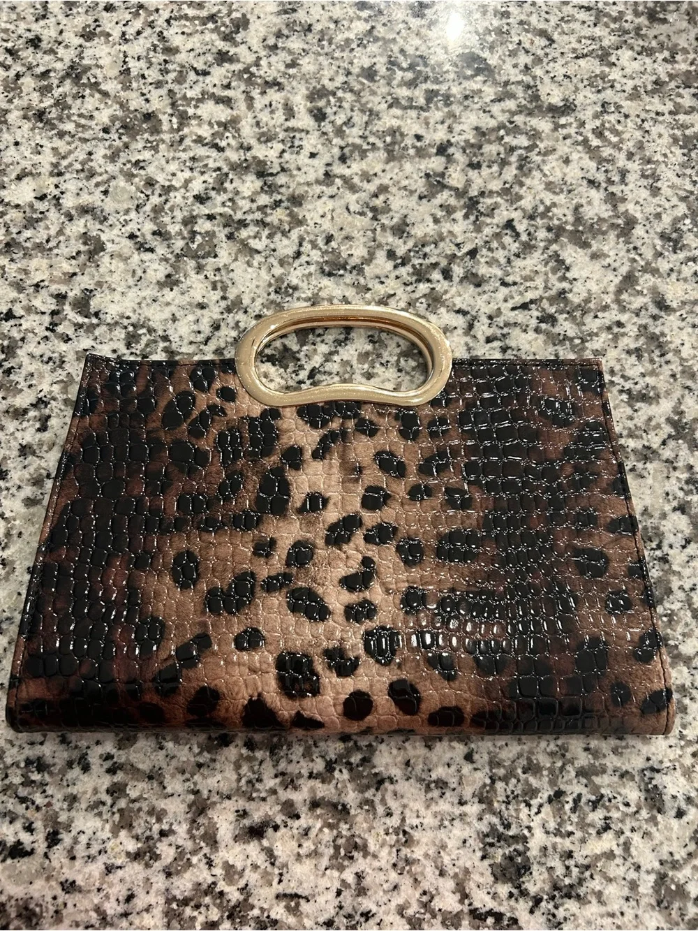 Brown Black Faux Croc Structured Clutch Gold Tone Handle