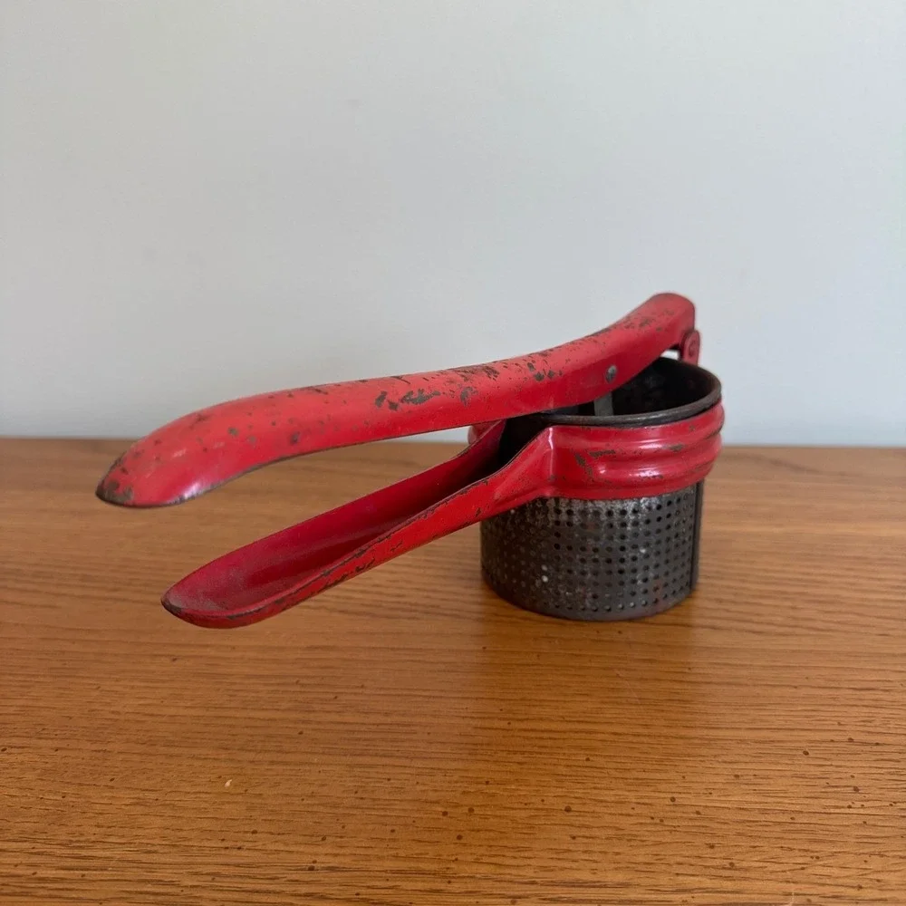 Vintage Red Metal Potato Masher‎ Ricer Kitchen Tool Gadget