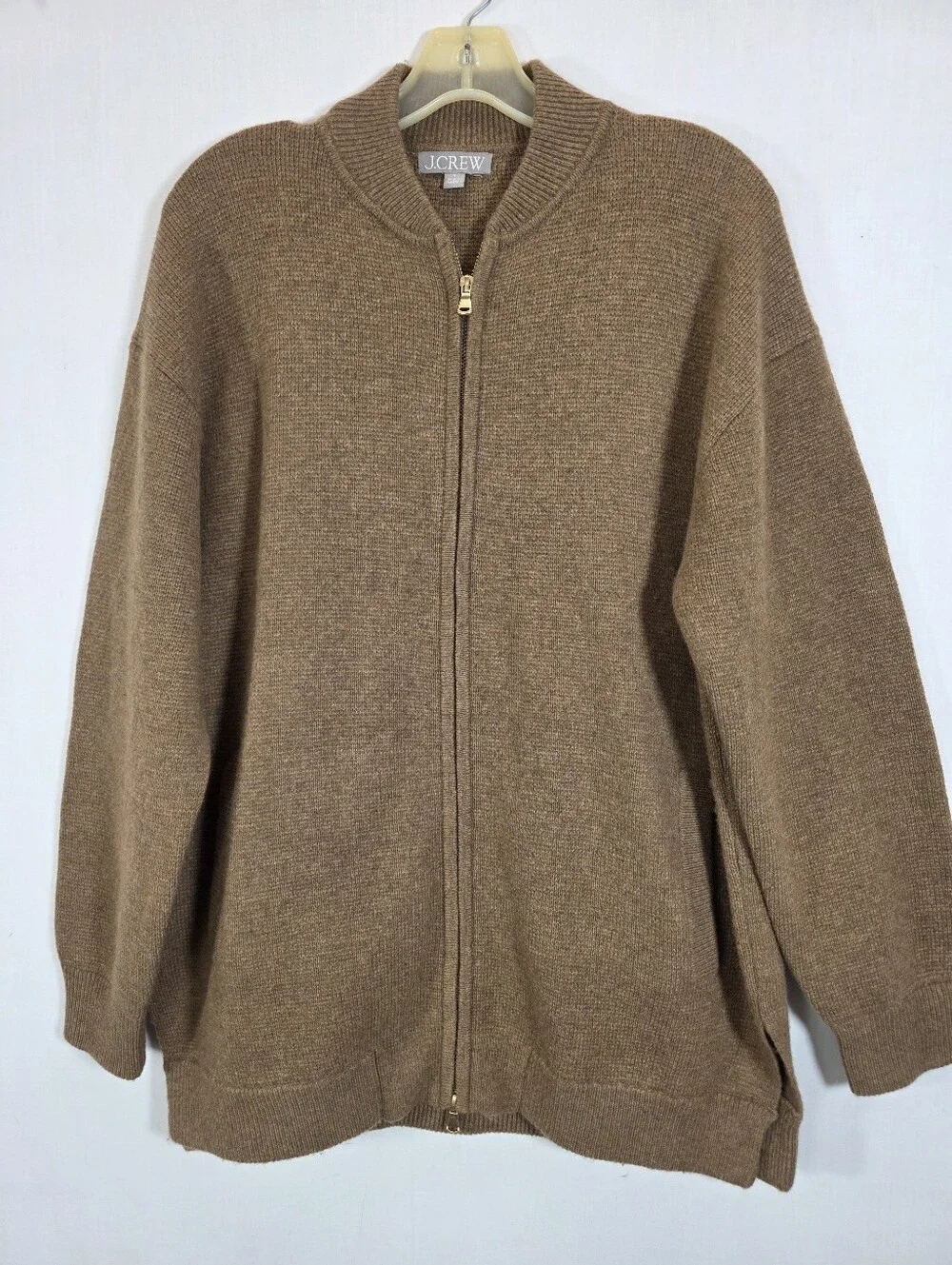 J.Crew Full Zip Flight Sweater Jacket Size S Lambswool Blend Camel Brown (Style