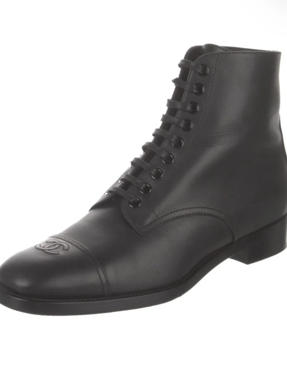 CHANEL Black Leather Lace-Up Ankle Boots with CC Cap Toe