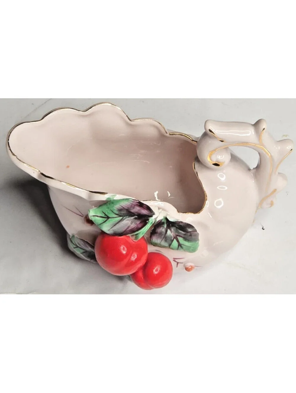 Vintage RELCO Japan Pink Swan Planter Cherries Gold Trim Hand Painted