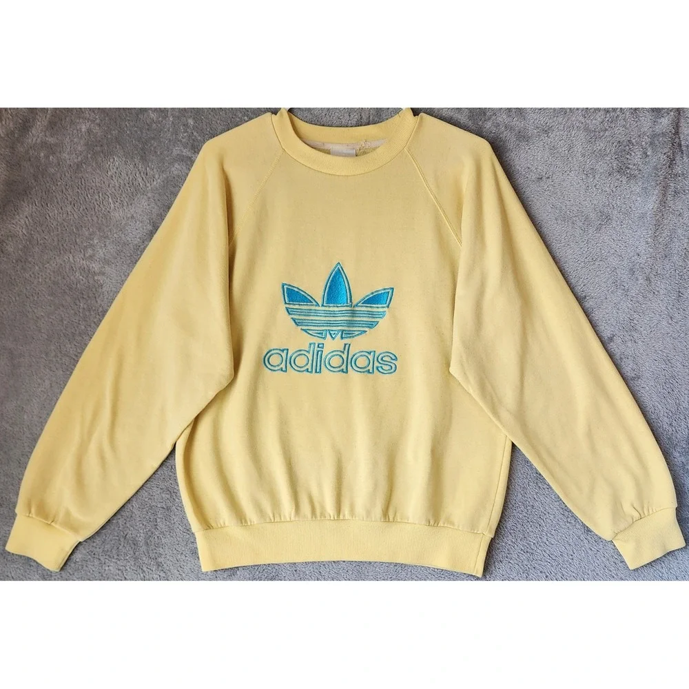 Adidas Sweatshirt Mens Small Yellow Trefoil Logo Embroidered 90s Vintage Top