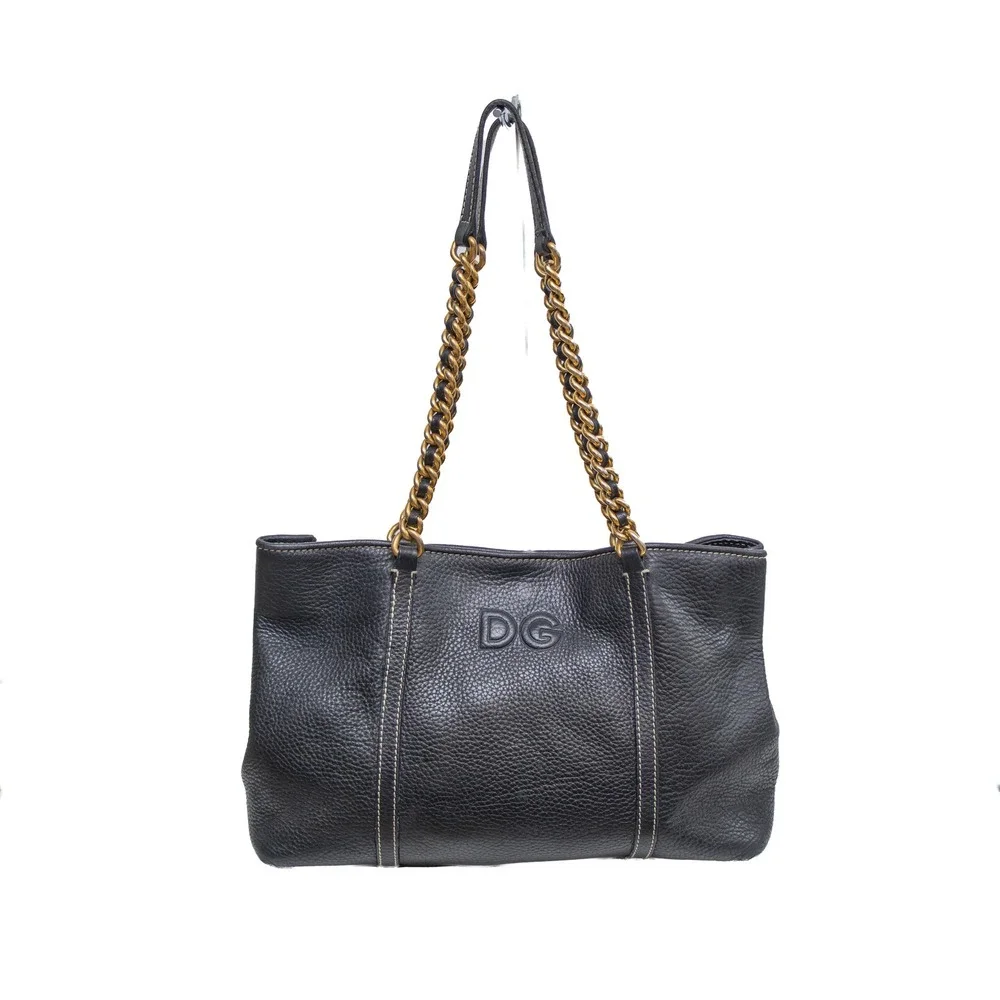 Dolce & Gabbana Black Pebbled Leather Chain Shoulder Tote Bag DG Leopard