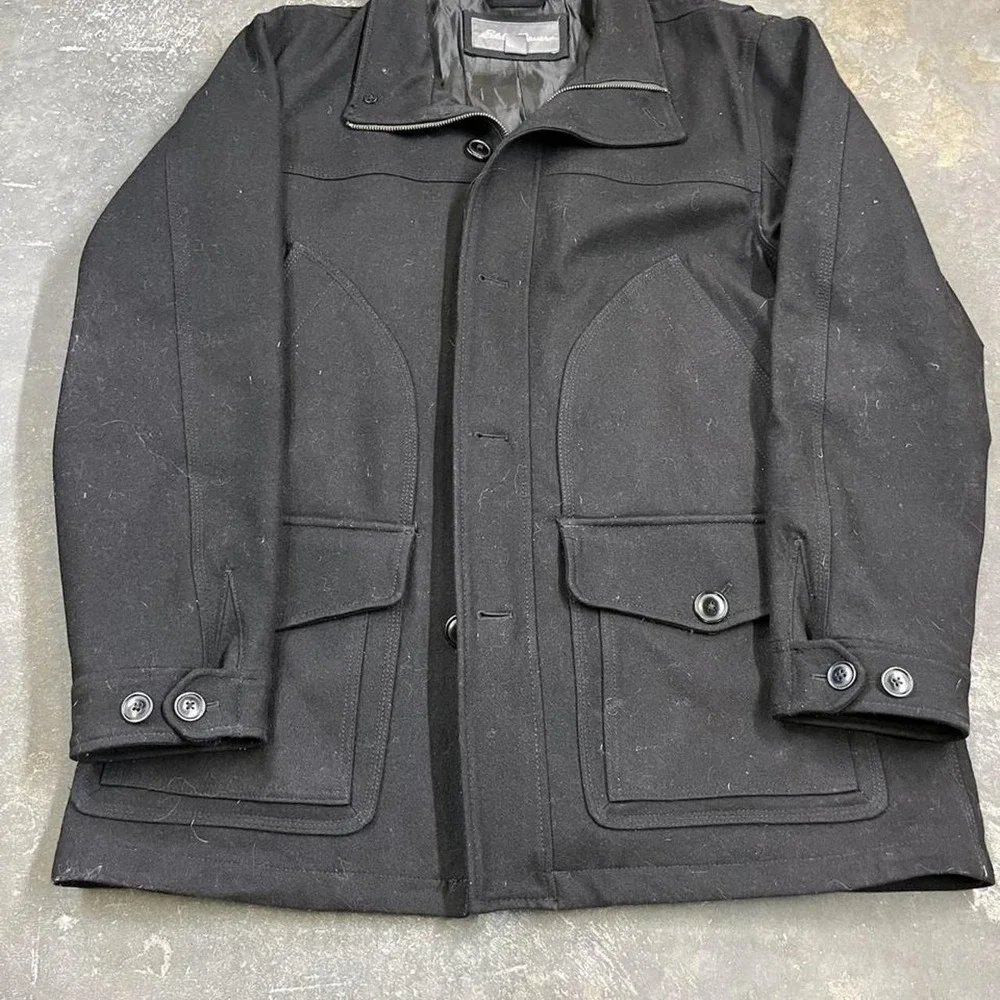 Eddie Bauer Mens Black Wool Trench Coat Vintage Y2K Field Jacket Large