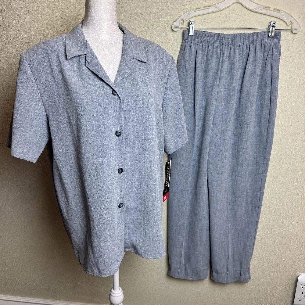 Vintage Briggs‎ Gray 2 Piece Pant Set Short Sleeve Button Up Casual Co-Ord S M