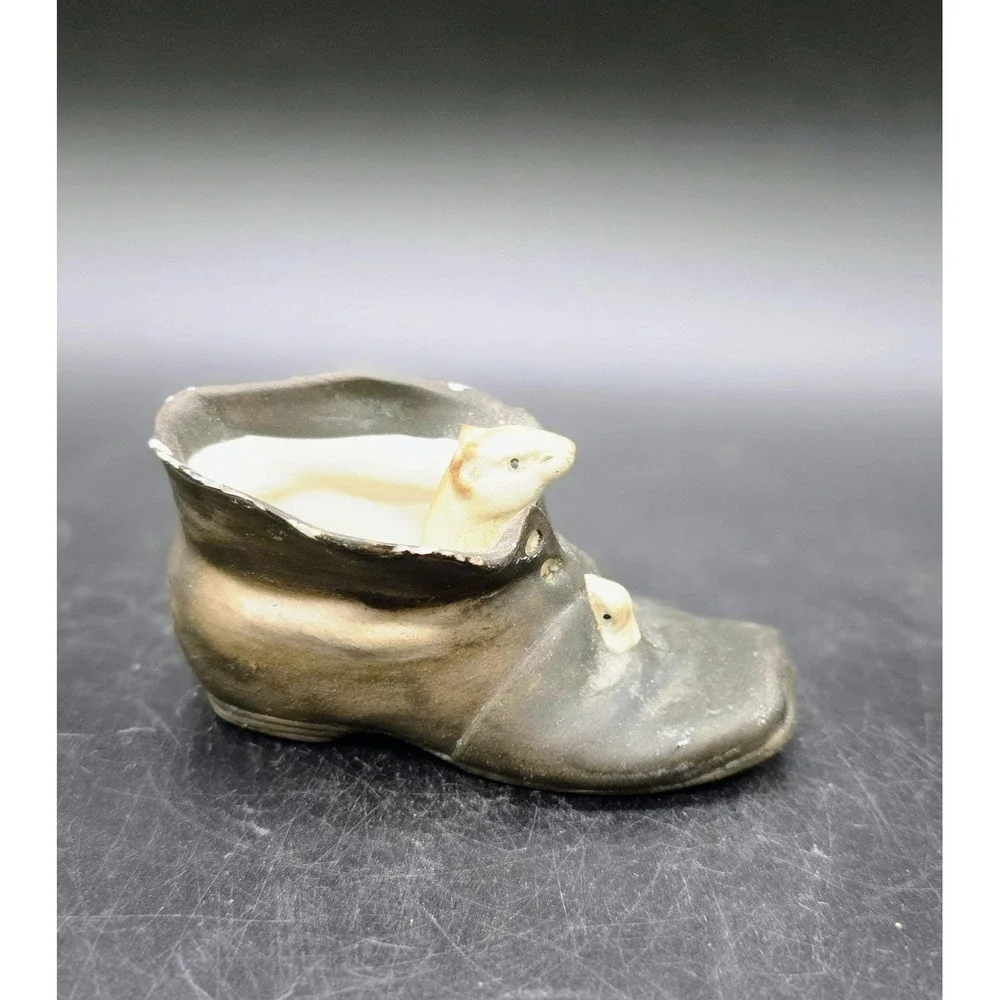 Vintage Toothpick‎ or Match Holder Cat Boot Mice Bisque Ceramic Made in Japan 3