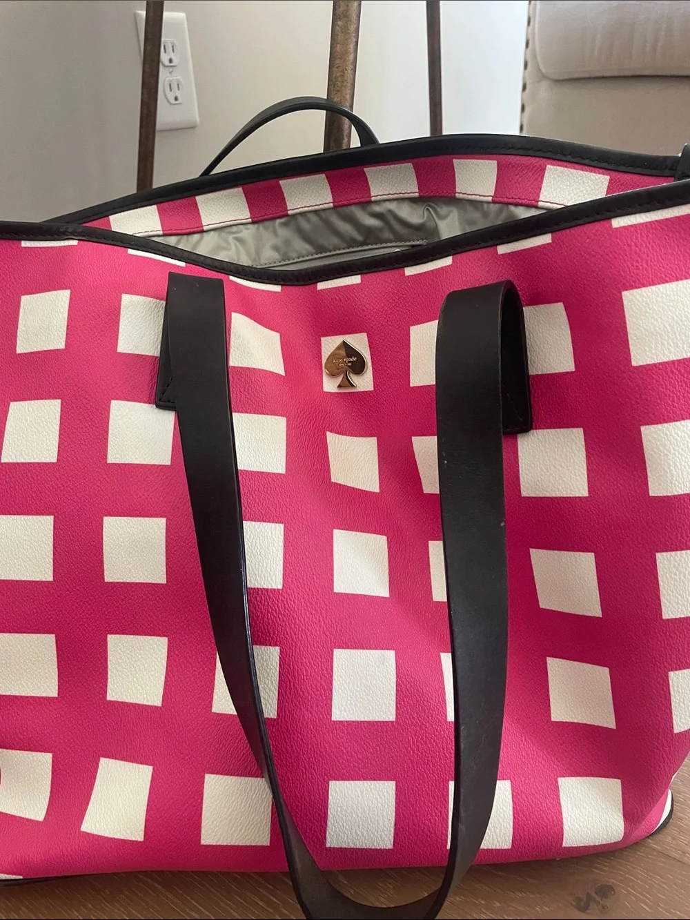 kate spade Hot Pink & White Checkered Tote with Black Straps