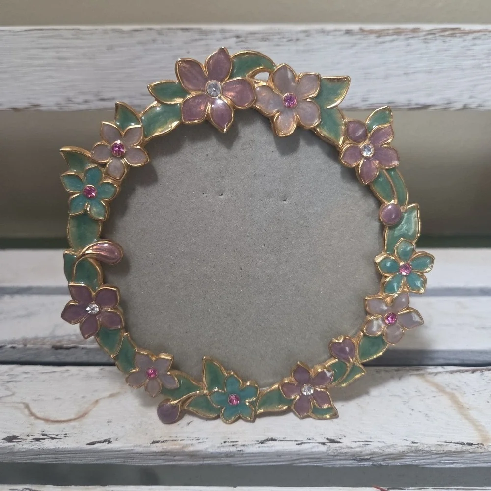 Vtg Carr Metal Purple Green Pink Enamel Jewels Floral Round Picture Frame