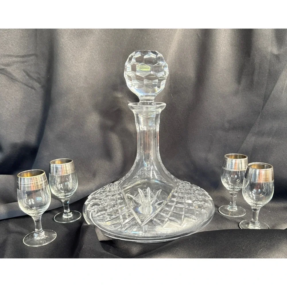 Crystal Ship's Decanter and Silver Rim cordial Glasses Set, holiday vintage