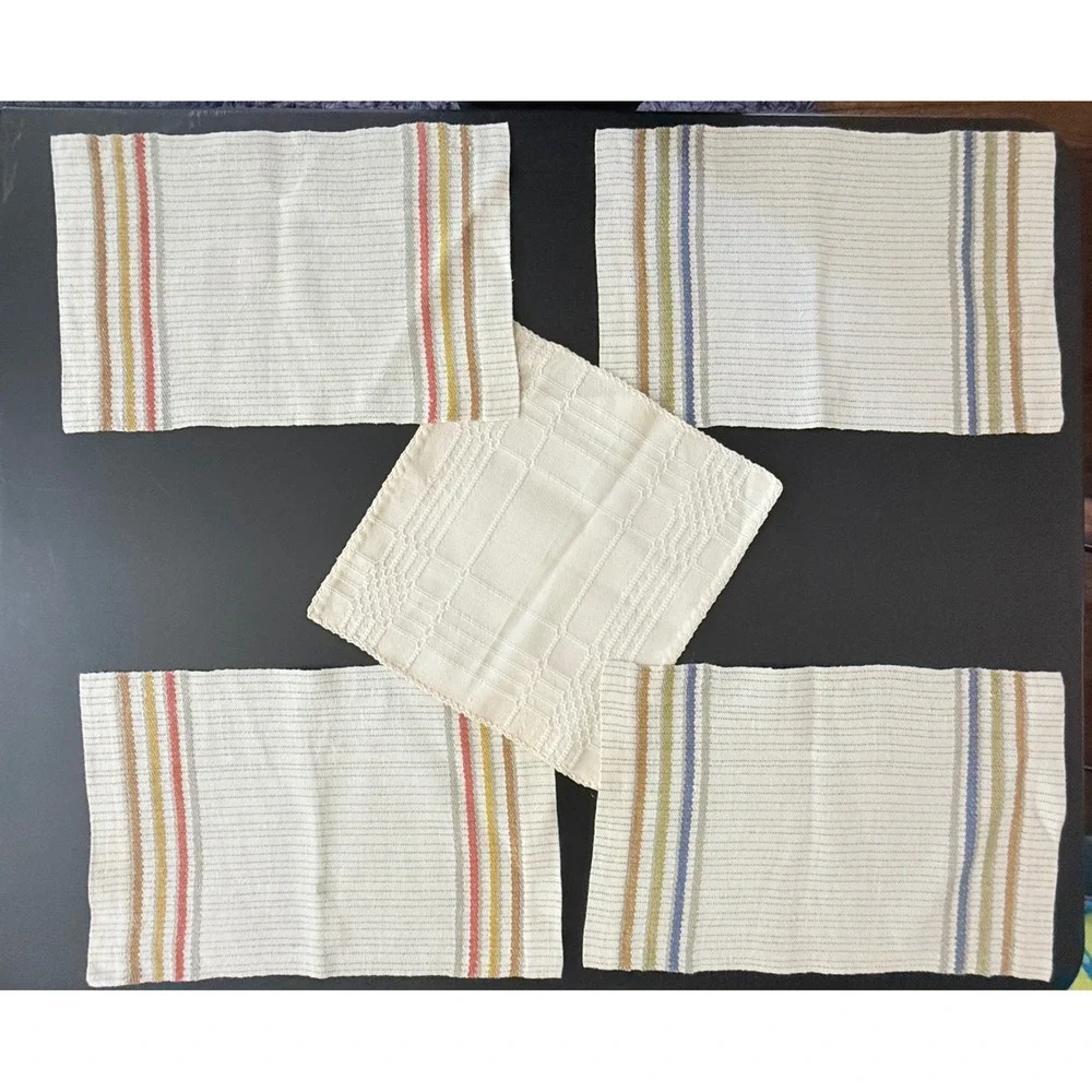 Vintage Handwoven Cotton Napkins and Placemats‎ Set of 5 Multi Stripe Cream