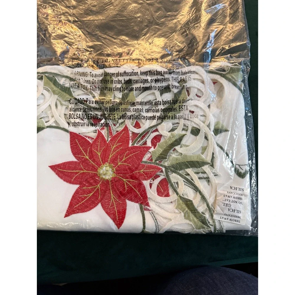 Collections Etc Poinsettia Topper Square‎ White Embroidered Tablecloth 34x34